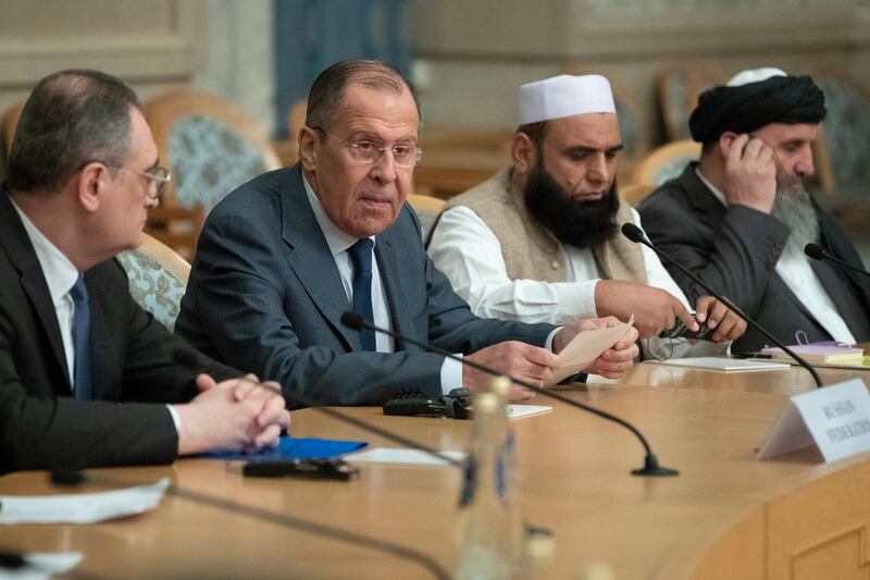 Russian Foreign Minister Sergei Lavrov, second left, speaks at the conference. AP Photo