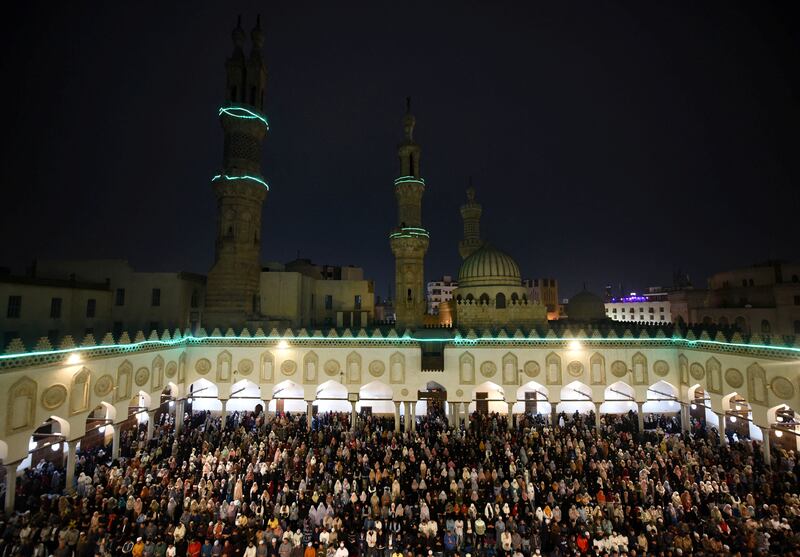 Muslim worshippers perform the evening prayers called Tarawih on the eve of the first day Ramadan at Al Azhar mosque in Cairo. Reuters.