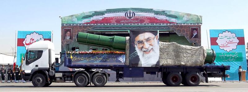 Tehran’s missile-testing appears to be an attempt to send a message that last year's nuclear deal and new sanctions in January will not stop it developing weapons, such as this missile – complete with poster of Ayatollah Ali Khamenei – photographed in September last year. Raheb Homavandi / Reuters