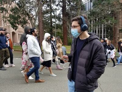 Malek Itani tests the headphones at the University of Washington. Andrew Buncombe / The National