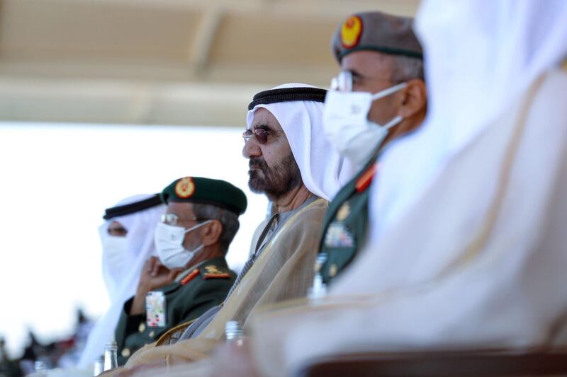 Sheikh Mohammed bin Rashid, Vice President and Ruler of Dubai, attended the graduation ceremony of the 46th class of cadet officers at Zayed II Military College in Al Ain on February 1, 2022. Photo: Dubai Media office
