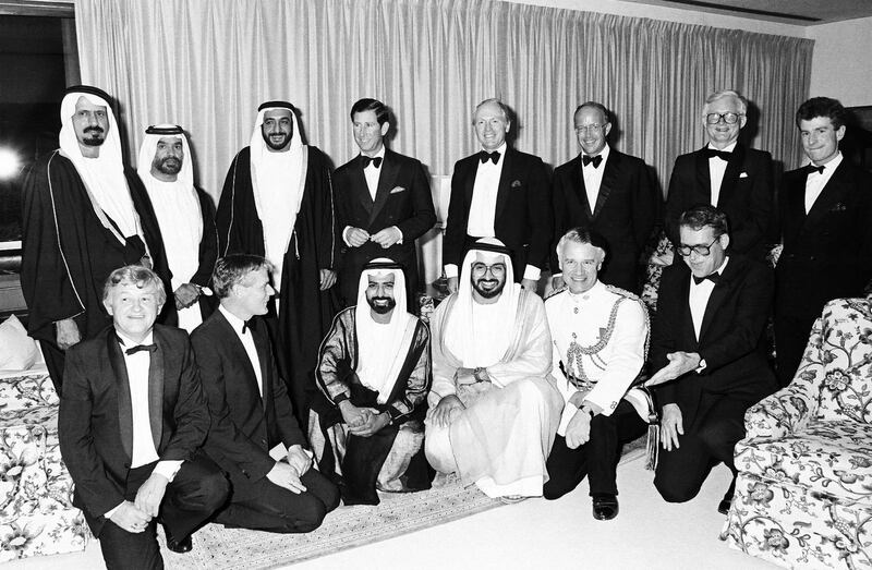 Sheikh Mohamed with Sheikh Khalifa and Britain's Prince Charles, at a banquet hosted by the British ambassador to the UAE on March 15, 1989. Also present are Sheikh Nahyan bin Mubarak, Sheikh Surour bin Mohamed and Ahmad Khalifa Al Suwaidi. Photo: National Archives