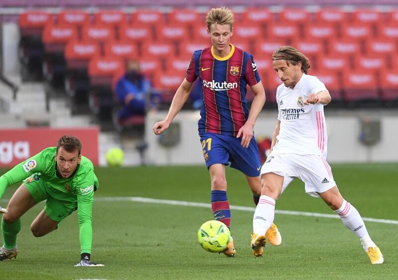 Luka Modric makes it 3-1 to Real Madrid against Barcelona at Camp Nou on Saturday, October 24. Getty