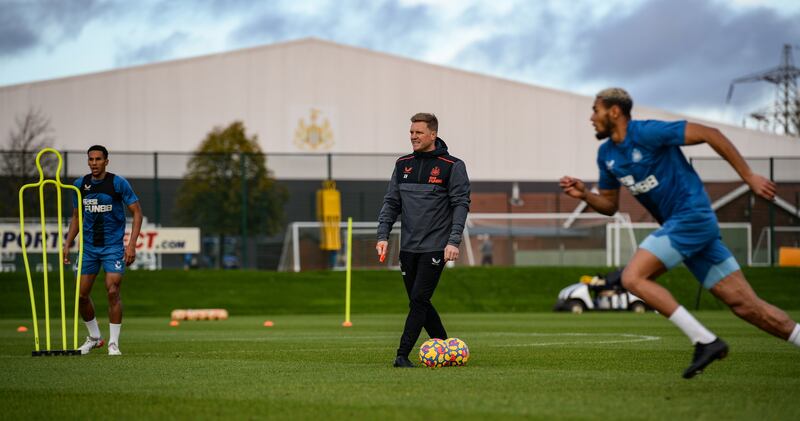 New Newcastle United coach Eddie Howe takes his first session at the club's training centre.