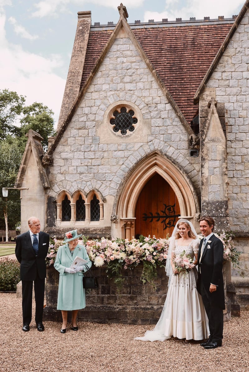 Britain's Princess Beatrice and Edoardo Mapelli Mozzi stand outside The Royal Chapel of All Saints at Royal Lodge after their wedding. Reuters