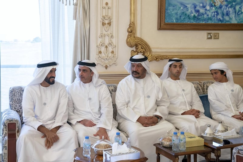 ABU DHABI, UNITED ARAB EMIRATES - October 16, 2018: (L-R) HH Sheikh Nahyan Bin Zayed Al Nahyan, Chairman of the Board of Trustees of Zayed bin Sultan Al Nahyan Charitable and Humanitarian Foundation, HH Lt General Sheikh Saif bin Zayed Al Nahyan, UAE Deputy Prime Minister and Minister of Interior, HH Sheikh Saeed bin Mohamed Al Nahyan, HH Sheikh Khaled bin Zayed Al Nahyan, Chairman of the Board of Zayed Higher Organization for Humanitarian Care and Special Needs (ZHO) and HH Sheikh Zayed bin Abdullah bin Zayed Al Nahyan, attend a Sea Palace barza.

( Mohamed Al Hammadi / Crown Prince Court - Abu Dhabi )
---
