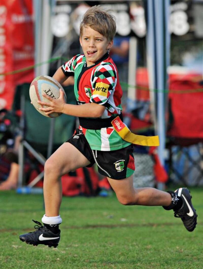 Children taking part in the HSBC Rugby Festival at the Rugby Sevens complex in Dubai City. Jeff Topping for The National