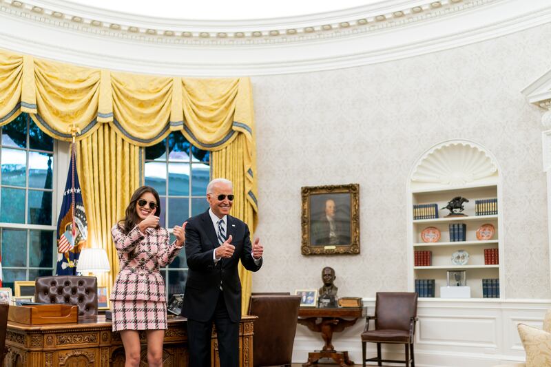 President Joe Biden records a video address with Olivia Rodrigo on Wednesday, July 14, 2021, in the Oval Office. Adam Schultz / The White House