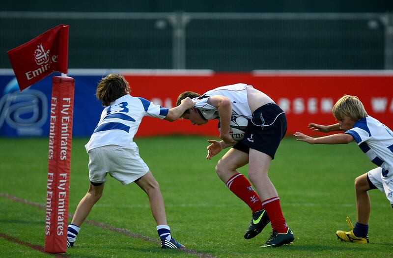 Dubai, United Arab Emirates-March, 23, 2013; Dubai College and JESS U-14  teams in action during the  UAE Schools Rugby Finals at the Sevens Grounds  in Dubai .  (  Satish Kumar / The National ) For Sports