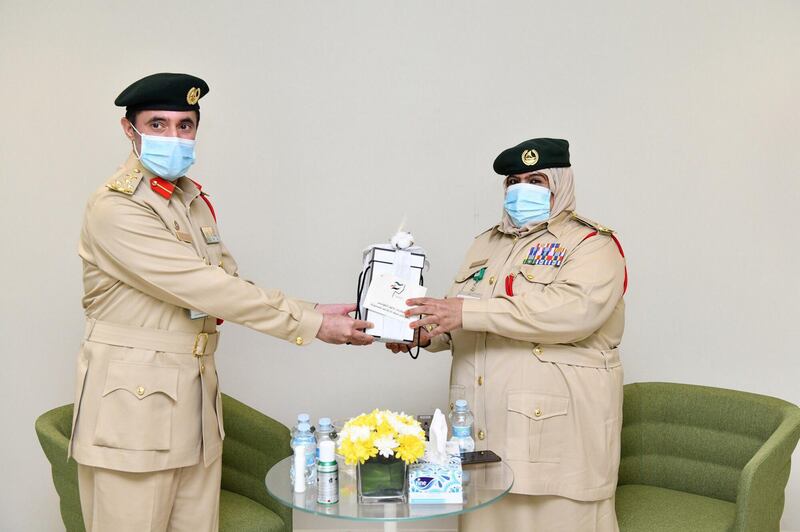 Brigadier Nabeel Abdullah Alrida, Deputy Director of Operations, honours Lt. Khatoon Ali Al Balooshi who has been serving the force since the 1977. The General Department of Operations at Dubai Police has recently organised a ceremony in an early celebration of the Emirati Women’s Day which falls on the 28th of August. WAM

