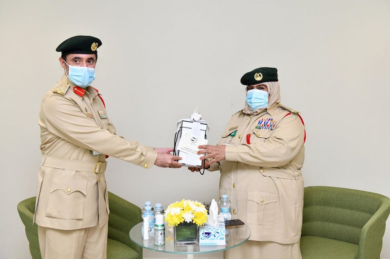 Brigadier Nabeel Abdullah Alrida, Deputy Director of Operations, honours Lt. Khatoon Ali Al Balooshi who has been serving the force since the 1977. The General Department of Operations at Dubai Police has recently organised a ceremony in an early celebration of the Emirati Women’s Day which falls on the 28th of August. WAM

