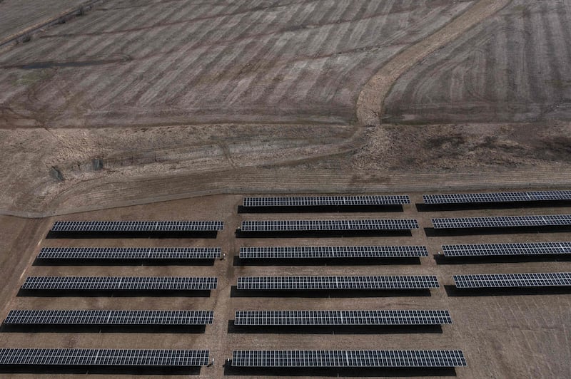 An aerial view of a solar farm next to farmland in New Florence, Missouri. AFP