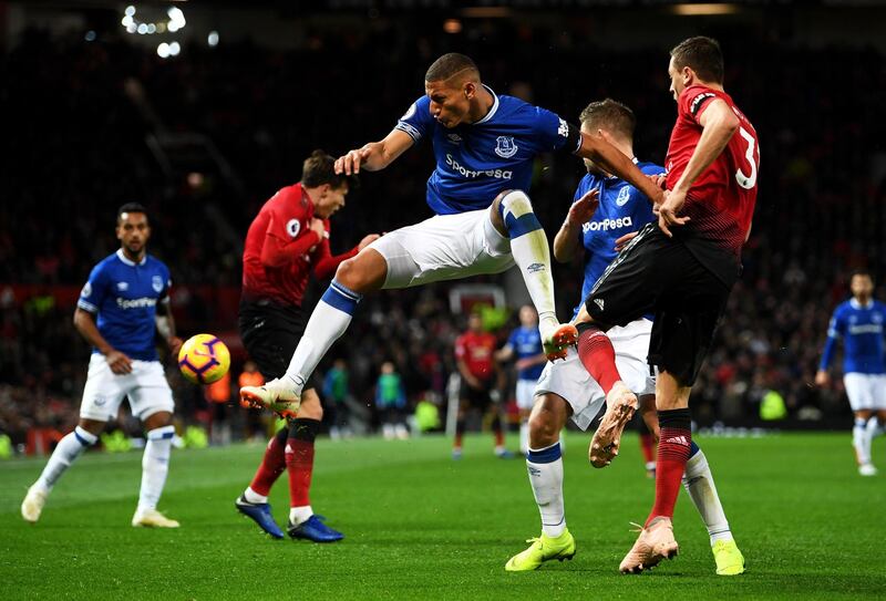 Richarlison of Everton battles for possession with Nemanja Matic of Manchester United. Getty Images