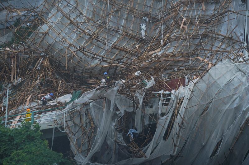 Collapsed bamboo scaffolding on a residential building after Typhoon Lionrock hit Hong Kong on October 8, 2021. Reuters