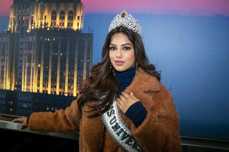 Miss Universe 2021, Harnaaz Sandhu of India, poses wearing her crown inside the observation deck of the Empire State Building in New York City. AP Photo
