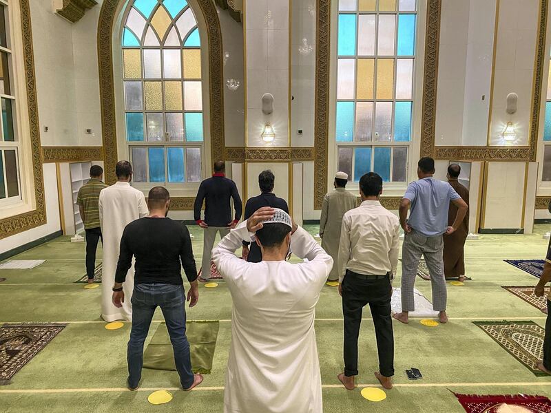 DUBAI UNITED ARAB EMIRATES. 04 DECEMBER 2020. First sunset prayer at the Al Salam Mosque in Al Barsha 1 on the first day that Mosques reopened for prayer time with social distancing in mind after 9 months. (Photo: Antonie Robertson/The National) Journalist: None. Section: National.