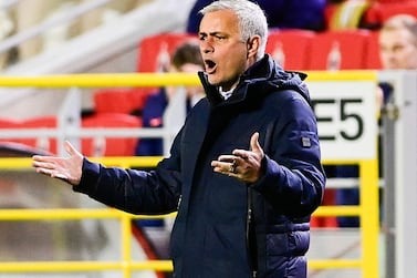 Tottenham's head coach Jose Mourinho gestures on the touchline during the UEFA Europa League Group J match at the Bosuilstadion, Antwerp. PA Photo. Picture date: Thursday October 29, 2020. See PA story SOCCER Tottenham. Photo credit should read: PA Wire via Belga. RESTRICTIONS: Editorial use only, no commercial use without prior consent from rights holder.