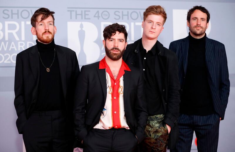 British rock band Foals, comprising of Yannis Philippakis, Jack Bevan, Jimmy Smith and Edwin Congreave, arrive at the Brit Awards 2020 at The O2 Arena on Tuesday, February 18, 2020 in London, England. AFP