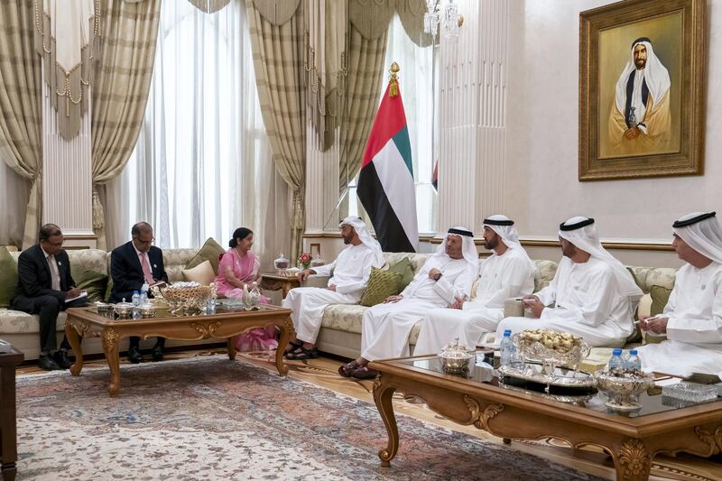 ABU DHABI, UNITED ARAB EMIRATES - December 04, 2018: HH Sheikh Mohamed bin Zayed Al Nahyan, Crown Prince of Abu Dhabi and Deputy Supreme Commander of the UAE Armed Forces (R), meets HE Sushma Swaraj, Minister of External Affairs of India (L), during a Sea Palace barza. Seen with HE Dr Sultan Ahmed Al Jaber, UAE Minister of State, Chairman of Masdar and CEO of ADNOC Group (2nd R), HE Mohamed Mubarak Al Mazrouei, Undersecretary of the Crown Prince Court of Abu Dhabi (3rd R), HE Dr Anwar bin Mohamed Gargash, UAE Minister of State for Foreign Affairs (4th R), HE Navdeep Singh Suri, Ambassador of India to the UAE (2nd L).
( Rashed Al Mansoori / Ministry of Presidential Affairs )
---