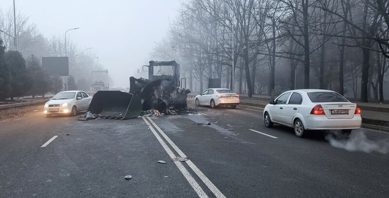 A burnt-out digger destroyed in protests triggered by fuel price increases, in Kazakhstan's trading and cultural hub Almaty. Reuters