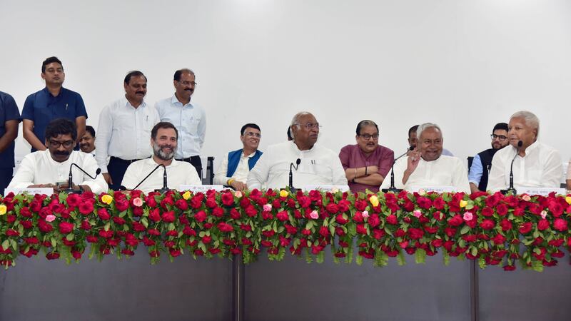 Leaders of India’s biggest opposition parties meet in Patna to agree on an alliance for the 2024 general election. AP Photo