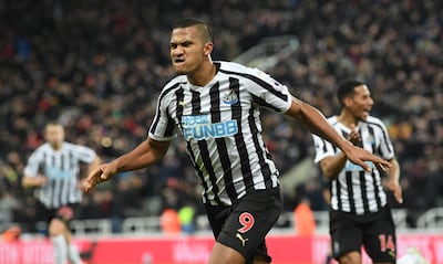 NEWCASTLE UPON TYNE, ENGLAND - JANUARY 29: Newcastle forward Salomon Rondon  celebrates after scoring the first Newcastle goal during the Premier League match between Newcastle United and Manchester City at St. James Park on January 29, 2019 in Newcastle upon Tyne, United Kingdom. (Photo by Stu Forster/Getty Images)
