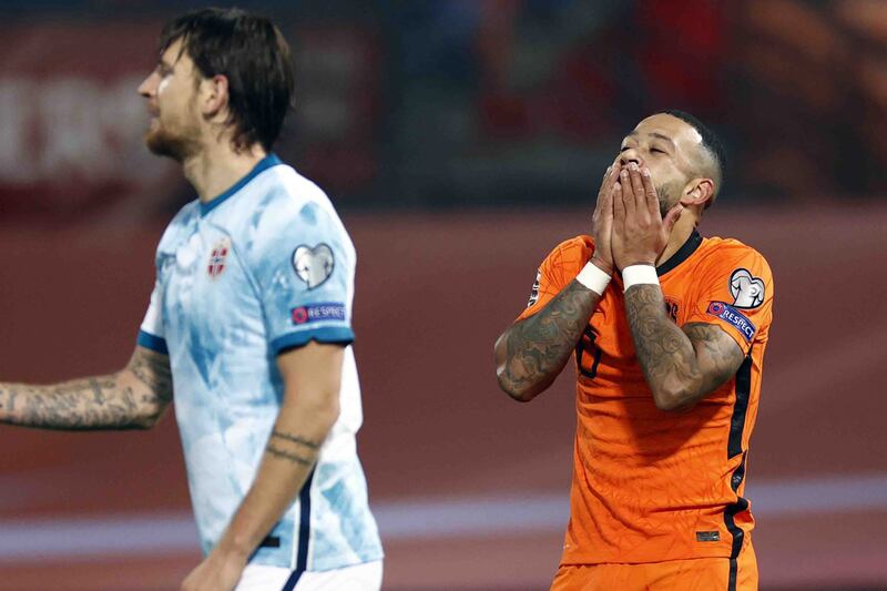 Memphis Depay of Netherlands reacts at the final whistle. A 2-0 victory saw the Dutch qualify for the 2022 World Cup. EPA