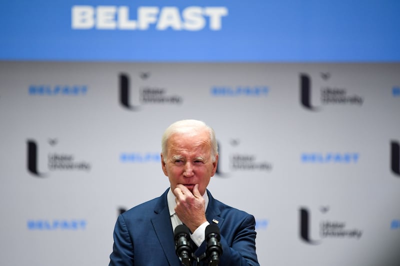 US President Joe Biden delivers a speech at Ulster University in Belfast, Northern Ireland, UK, on Wednesday, April 12, 2023.  Biden will mark the 25th anniversary of the Good Friday Agreement, which largely brought about an end to decades of sectarian violence in Northern Ireland, and celebrate the recent Brexit deal intended to preserve that pact.  Photographer: Chris J.  Ratcliffe / Bloomberg