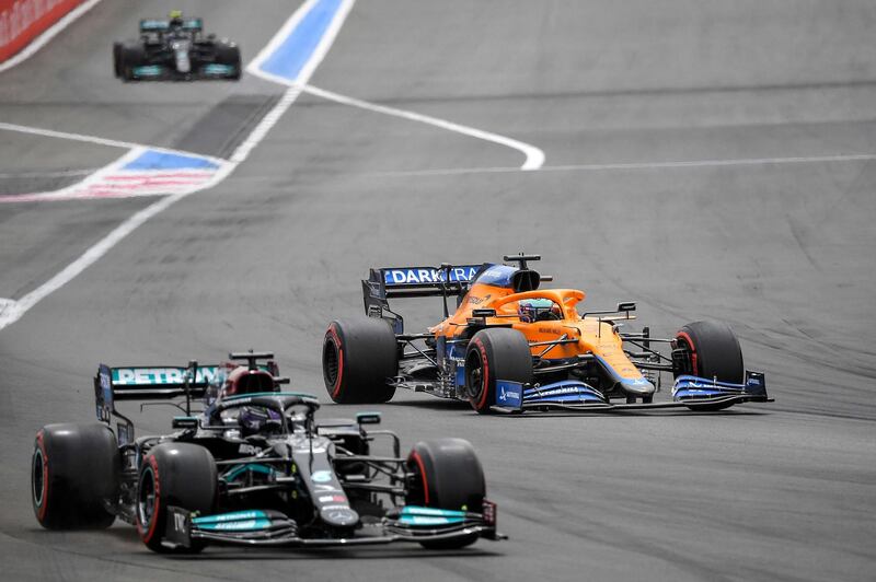 Mercedes' Lewis Hamilton ahead of McLaren driver Daniel Ricciardo during the third practice session at the Circuit Paul-Ricard. AFP