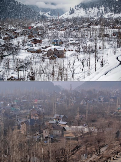 A picture taken in January 2017, top, shows Tangmarg village in Kashmir blanketed in snow, in stark contrast to this year. AP