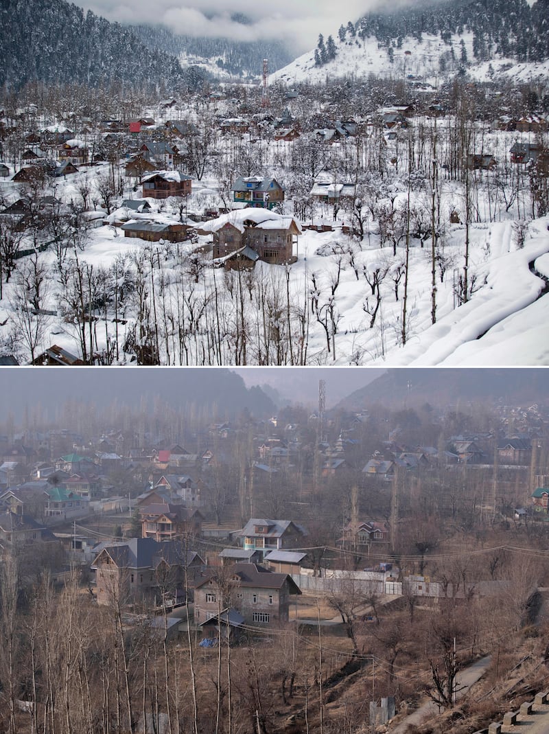 This combination photograph shows a view of snow-covered Tangmarg village on Jan.  27, 2017, top, and the same view on Saturday, Jan.  13, 2024 of Tangmarg, northwest of Srinagar, Indian controlled Kashmir.  A prolonged dry spell is sweeping across the Indian-controlled portion of Kashmir during the harshest phase of winter, leaving many people sick and farmers worried about impending water shortages.  (AP Photo / Dar Yasin)