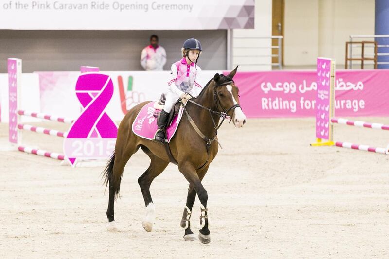 A demonstration of horseback prowess marked the grand opening ceremony of the seventh annual Pink Caravan Ride, which took placeat the Sharjah Equestrian and Racing Club. Pink Caravan Ride will be accompanied by mobile clinics offering check-ups to women and men. Reem Mohammed / The National