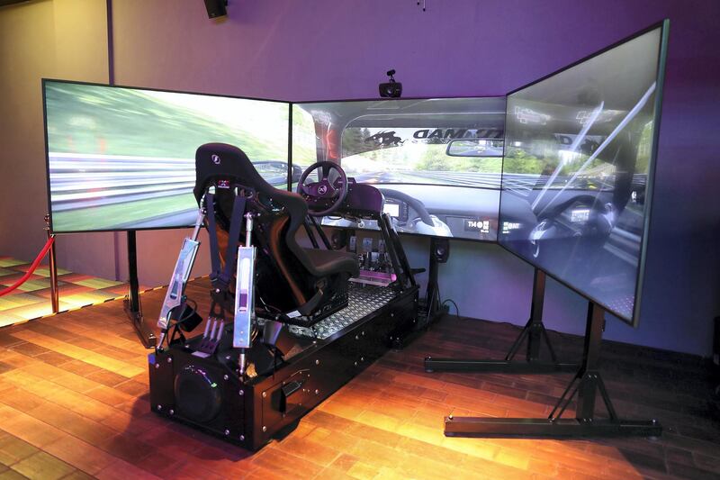 DUBAI, UNITED ARAB EMIRATES , September 27 – 2020 :- View of the VR racing simulator at the Brass Monkey, new dining and entertainment destination on the Bluewaters Island in Dubai.  (Pawan Singh / The National) For Lifestyle/Online/Instagram. Story by Janice Rodrigues 