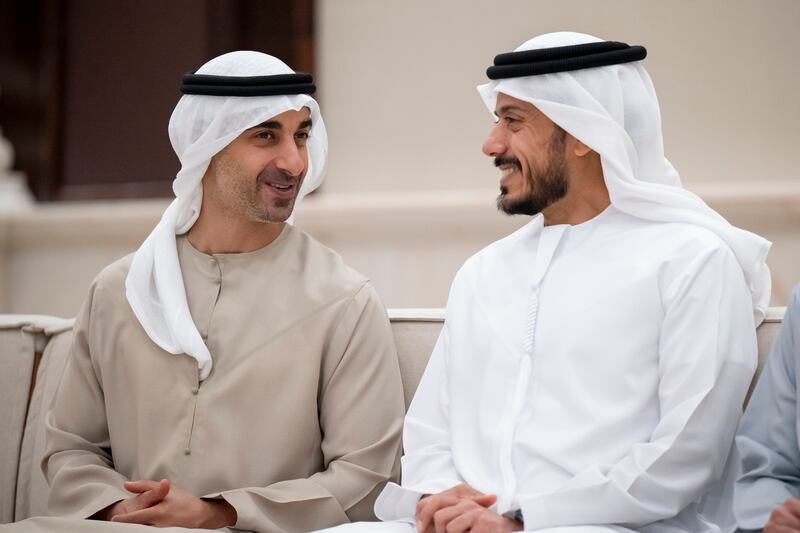 Sheikh Hamdan bin Mohamed and Sheikh Sultan bin Tahnoon, Chairman of the Board of the Frontline Heroes Office. Omar Al Askar / UAE Presidential Court 