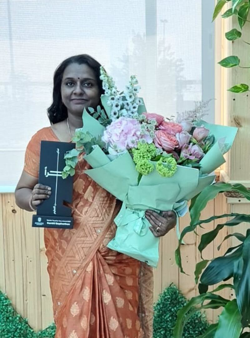 Abu Dhabi Department of Education and Knowledge (Adek) has marked World Teacher’s Day by celebrating the contribution of three teachers in the emirate. Santhi Gopinathan, computer science teacher at Abu Dhabi Indian School, receives her award. All photos: Adek