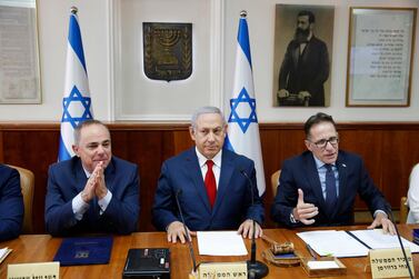 Israeli Prime Minister Benjamin Netanyahu, center, Government Secretary Tzahi Braverman, center right, Yuval Steinitz Israel's Minister of Energy, center left, in charge of Israel Atomic Energy Commission at a weekly cabinet meeting at the prime minister's office in Jerusalem. AP