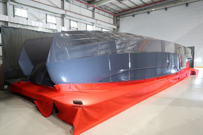 The hull of a yacht being built by Sunreef in Ras Al Khaimah, at the high-end catamaran company’s first overseas shipyard. Pawan Singh / The National