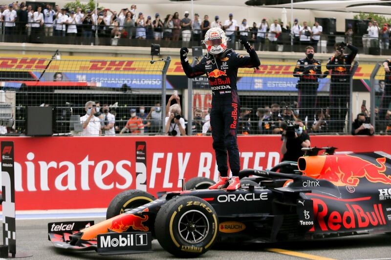 Dutch driver Max Verstappen celebrates after winning the French GP. EPA