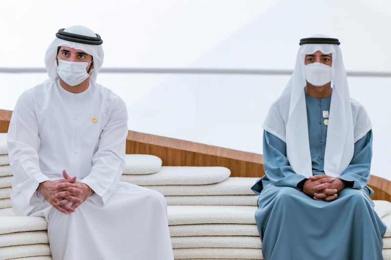 Shiekh Hamdan bin Mohammed, Crown Prince of Dubai, left, was in attendance as President of Israel Isaac Herzog, not pictured, visited Expo 2020 Dubai. Photo: Twitter