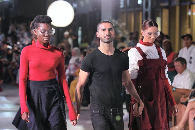 Dubai, United Arab Emirates - June 20, 2019: Designs by student designer Obeid Razzak (M), the collection takes inspiration from Dubai specifically the expats that live here. Esmod Fashion Show. Thursday the 20th of June 2019. City Walk, Dubai. Chris Whiteoak / The National