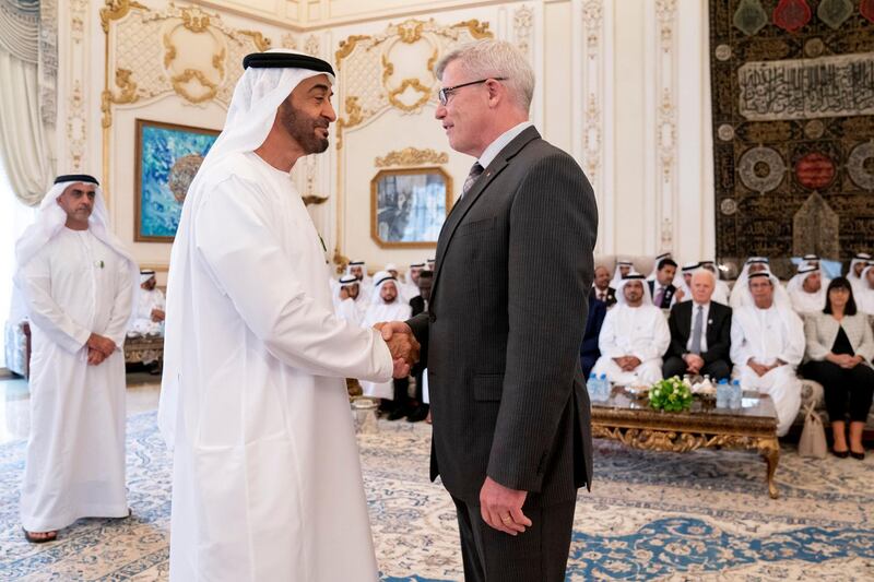 ABU DHABI, UNITED ARAB EMIRATES - October 07, 2019: HH Sheikh Mohamed bin Zayed Al Nahyan, Crown Prince of Abu Dhabi and Deputy Supreme Commander of the UAE Armed Forces (L), receives a minister who participated in the 26th Abu Dhabi World Road Congress, during a Sea Palace barza. 

( Mohamed Al Hammadi / Ministry of Presidential Affairs )
---