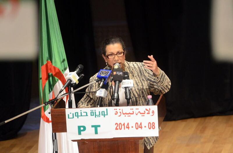 Head of the Algerian Workers' Party Louisa Hanoune gives a speech during a political meeting ahead of next month's presidential election on April 8 in Kolea, Algeria. The only woman in the race, she is 59, a member of parliament and a prominent leftist politician who ran in two previous presidential contests. Farouk Batiche / AFP Photo

