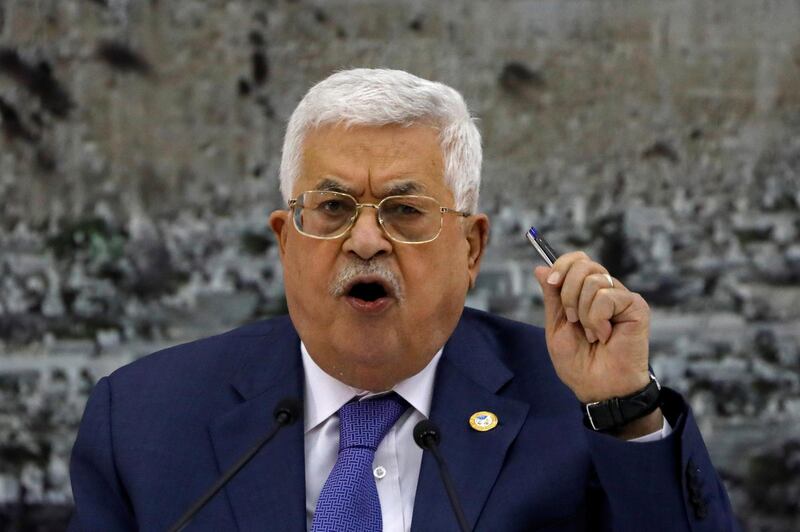 Palestinian President Mahmoud Abbas gestures as he speaks during a meeting with the Palestinian leadership in Ramallah, in the Israeli-occupied West Bank July 25, 2019. REUTERS/Mohamad Torokman