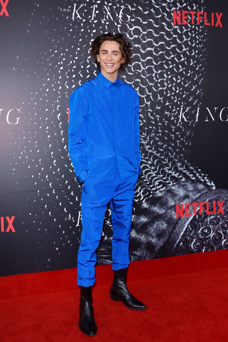 Timothee Chalamet sports blue Haider Ackermann for the October 2019 premiere of 'The King' at Ritz Cinema in Sydney. Getty Images