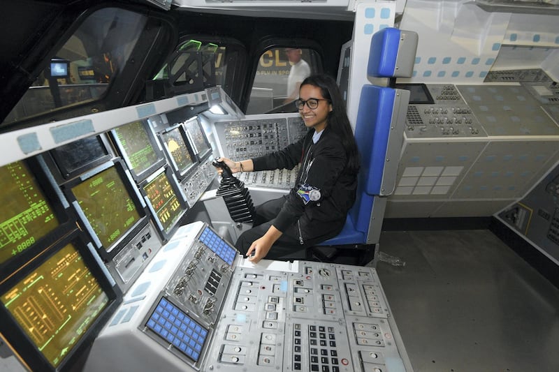 Alia Al Mansoori while touring the Space Shuttle Atlantis exhibit at the Kennedy Space Center Visitor's Center on Aug. 11, 2017 in {town}, Florida. Al Mansoori's Genes in Space experiment is scheduled to be on a SpaceX Falcon 9 rocket traveling to the International Space Station from Kennedy Space Center.


(Scott A. Miller for The National)