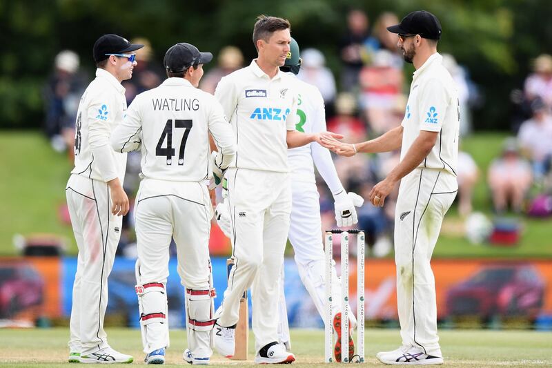 Trent Boult of New Zealand is congratulated after dismissing Pakistan's Mohammad Abbas. Getty