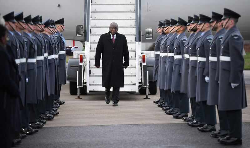 South Africa's President Cyril Ramaphosa arrives at Stansted airport in London on Monday. AFP