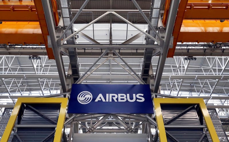 FILE PHOTO: Logo of Airbus is pictured at the Airbus A380 final assembly line at Airbus headquarters in Blagnac near Toulouse, France, March 21, 2018. REUTERS/Regis Duvignau/File Photo