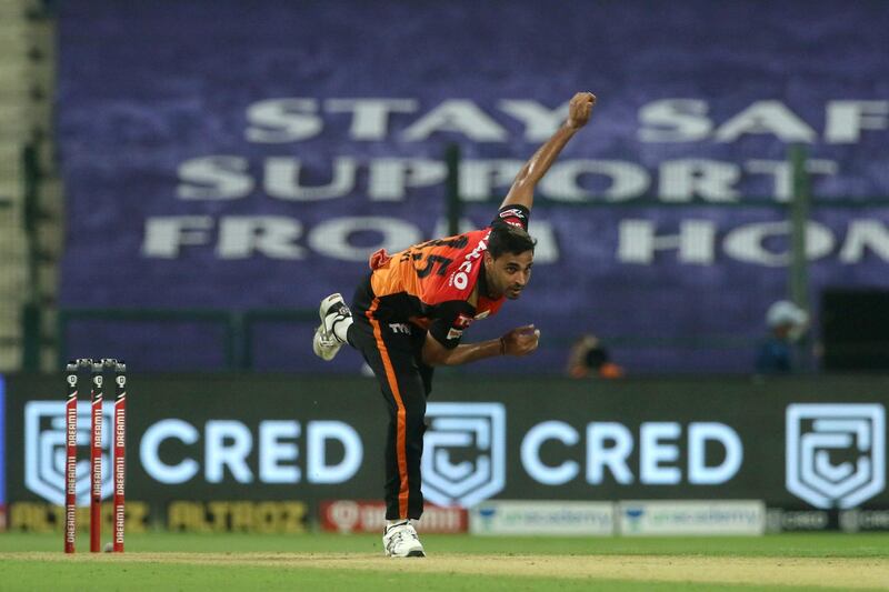 Bhuvneshwar Kumar of Sunrisers Hyderabad bowls during match 8 of season 13 of the Dream 11 Indian Premier League (IPL) between the Kolkata Knight Riders and the Sunrisers Hyderabad held at the Sheikh Zayed Stadium, Abu Dhabi in the United Arab Emirates on the 26th September 2020.  Photo by: Vipin Pawar  / Sportzpics for BCCI