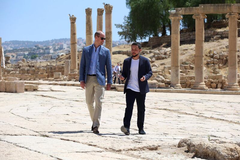 AMMAN, JORDAN - JUNE 25: Prince William, Duke of Cambridge and Crown Prince Hussein of Jordan visit the Jerash archaeological site on June 25, 2018 in Amman, Jordan. (Photo by Ian Vogler - Pool/Getty Images)